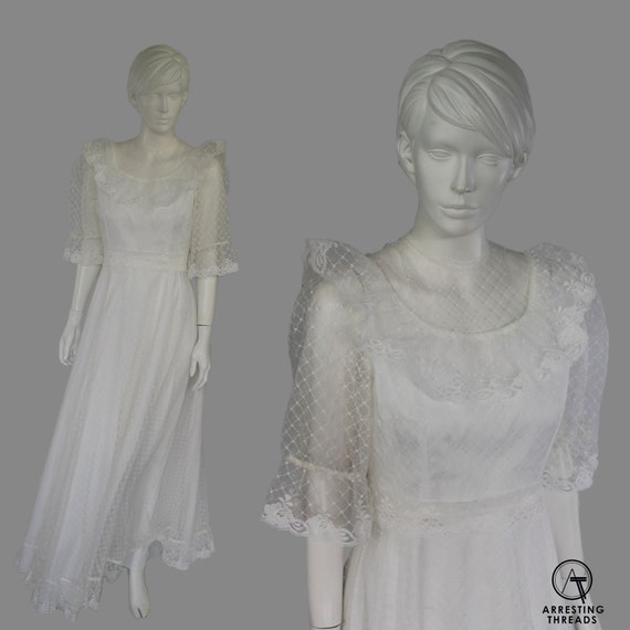 60s 70s White Netted Bib Collar Wedding Dress, Vic
