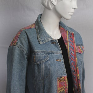 Women 80s Vintage Denim Jacket, Aztec Trim, New Wave 80s, Ikat Pattern, Mid Blue, Coloured Denim Jacket, Retro 1980s Fashion, image 6