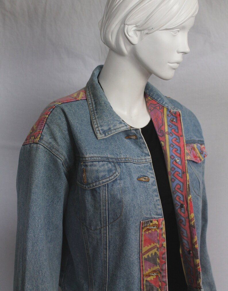 Women 80s Vintage Denim Jacket, Aztec Trim, New Wave 80s, Ikat Pattern, Mid Blue, Coloured Denim Jacket, Retro 1980s Fashion, image 6