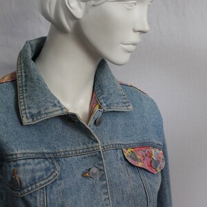 Women 80s Vintage Denim Jacket, Aztec Trim, New Wave 80s, Ikat Pattern, Mid Blue, Coloured Denim Jacket, Retro 1980s Fashion, image 9