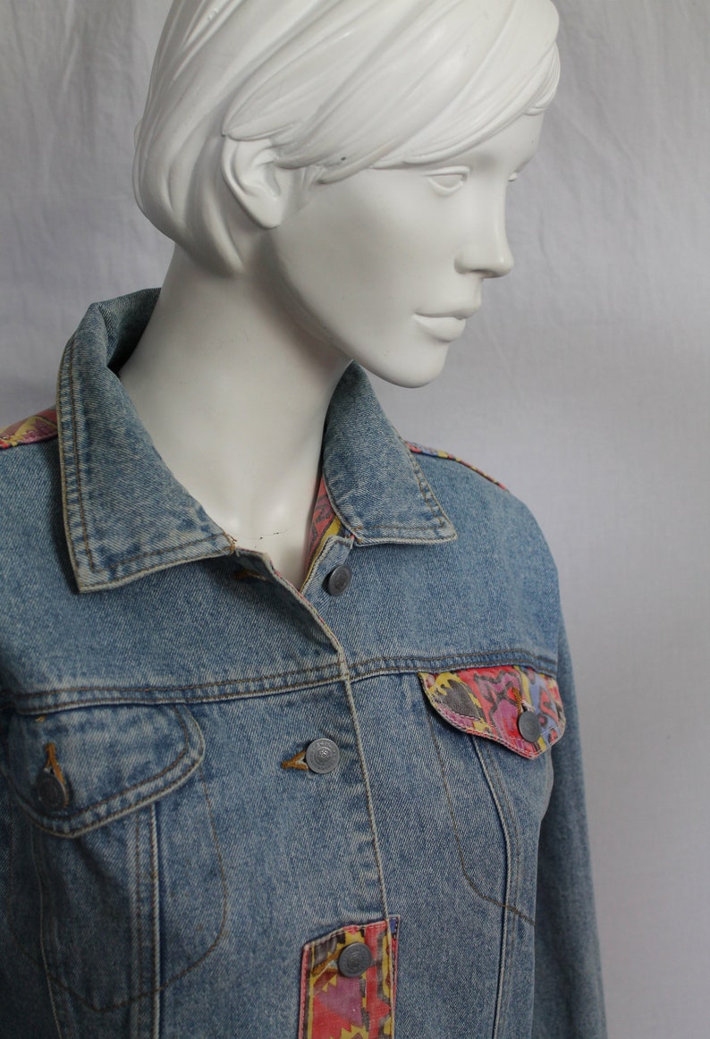 Women 80s Vintage Denim Jacket, Aztec Trim, New Wave 80s, Ikat Pattern, Mid Blue, Coloured Denim Jacket, Retro 1980s Fashion, image 9