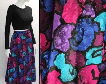 Abstract Purple Midi Skirt, Purple Blue Skirt, Vtg Midi Skirt, Rose Print Skirt, 80s Abstract Skirt, Multicolour 80s Skirt, Shine Skirt,