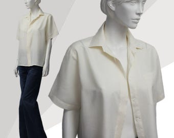 Vintage 80s Silk Blouse: Cream Short Sleeve Button-Up (US 8-10)