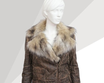 GUESS Faux Leather Aviator Jacket: Distressed Brown, Faux Fur Collar