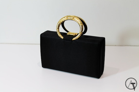 Vintage Rodo Black Gold Bag, 80s Black Box Bag, 19