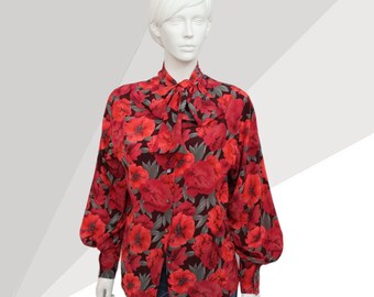 Vintage Jaeger Floral Blouse Sheer Red Pussy Bow Top Romantic
