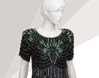 1980s Vintage Seiden Top, Schwarz Grün Floral Perlenstickerei