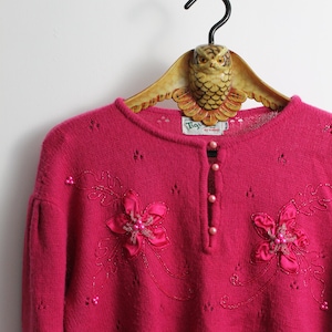 Pink Flower Beaded Jumper, Flower Embellished Jumper, Hot Pink Jumper, 80s Vintage Pink Jumper, Floral Vintage Jumper, Tigi Wear Knit,