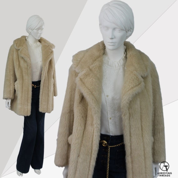 70s Faux Fur Coat, 70s Faux Fur Jacket, Cream Faux