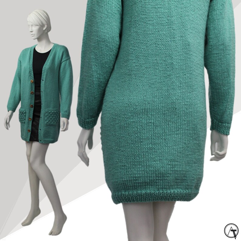 Mint Green Wool Handknitted Cardigan, Bobble Detail Cardigan, Long Cardigan, Vintage Green Knit, Light Green, Pastel, Spring, image 2