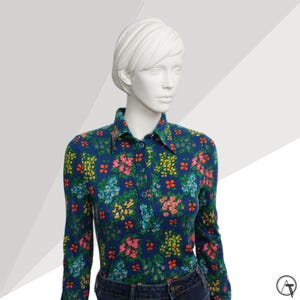 70s Floral Jersey Top: Vintage Flower Power Long Sleeve Blouse