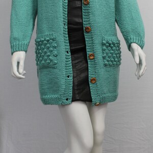 Mint Green Wool Handknitted Cardigan, Bobble Detail Cardigan, Long Cardigan, Vintage Green Knit, Light Green, Pastel, Spring, image 9