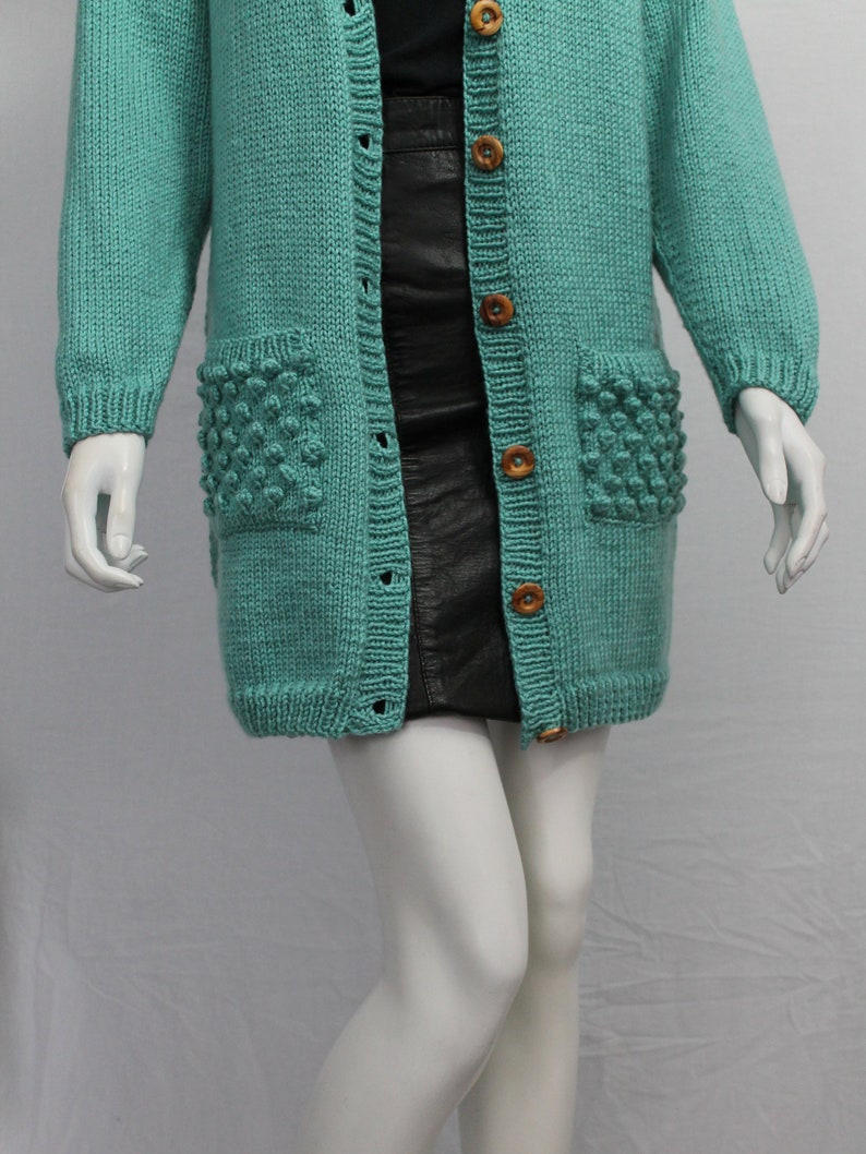 Mint Green Wool Handknitted Cardigan, Bobble Detail Cardigan, Long Cardigan, Vintage Green Knit, Light Green, Pastel, Spring, image 9