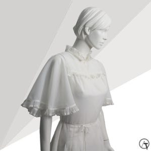 White Vintage 60s 70s Angel Sleeve Dress, Sheer Ruffles Dress, German Vintage, Angelic Dress, 60s Bride, Lace Trim, Flutter Sleeves,