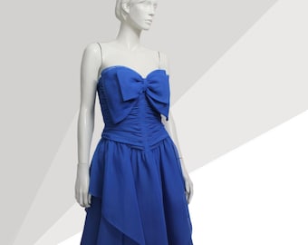 Blaues Bustierkleid mit Schleife: Frank Usher Vintage 1980er Party Kleid