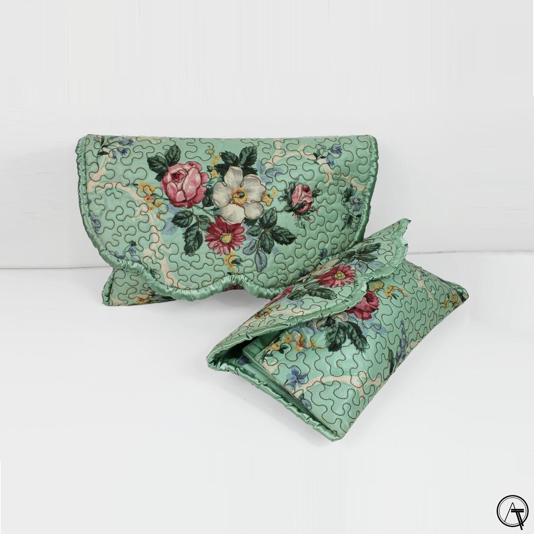 50s Vintage Nightdress Case Set, Mint Green, Floral Embroidery, Satin