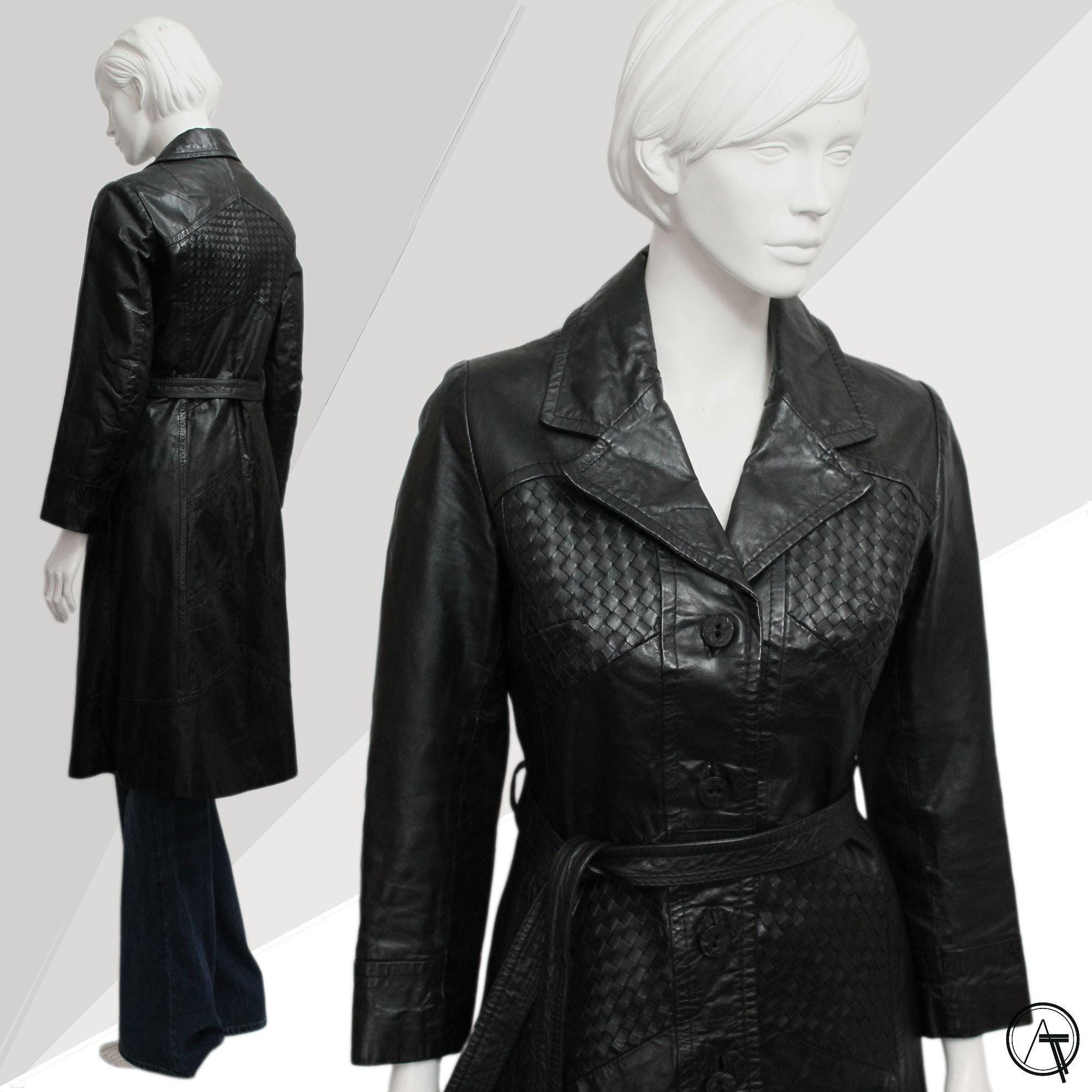 Vintage Leather Trench Coat UK 6 8 – Black Woven Leather Belted
