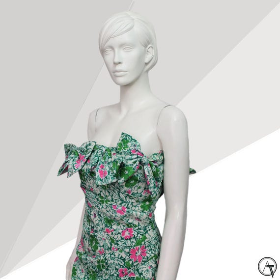 Vintage Flora Kung Silk Dress: 80s Strapless Bow Detail, Pink  display picture 1