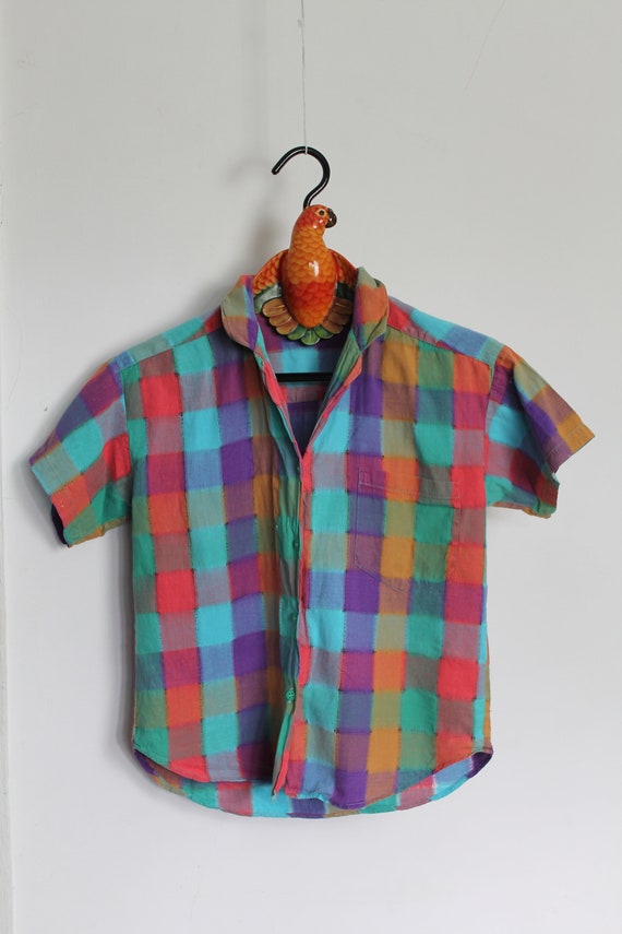 80s Cotton Plaid Shirt: Multicolour Watercolour Pattern
