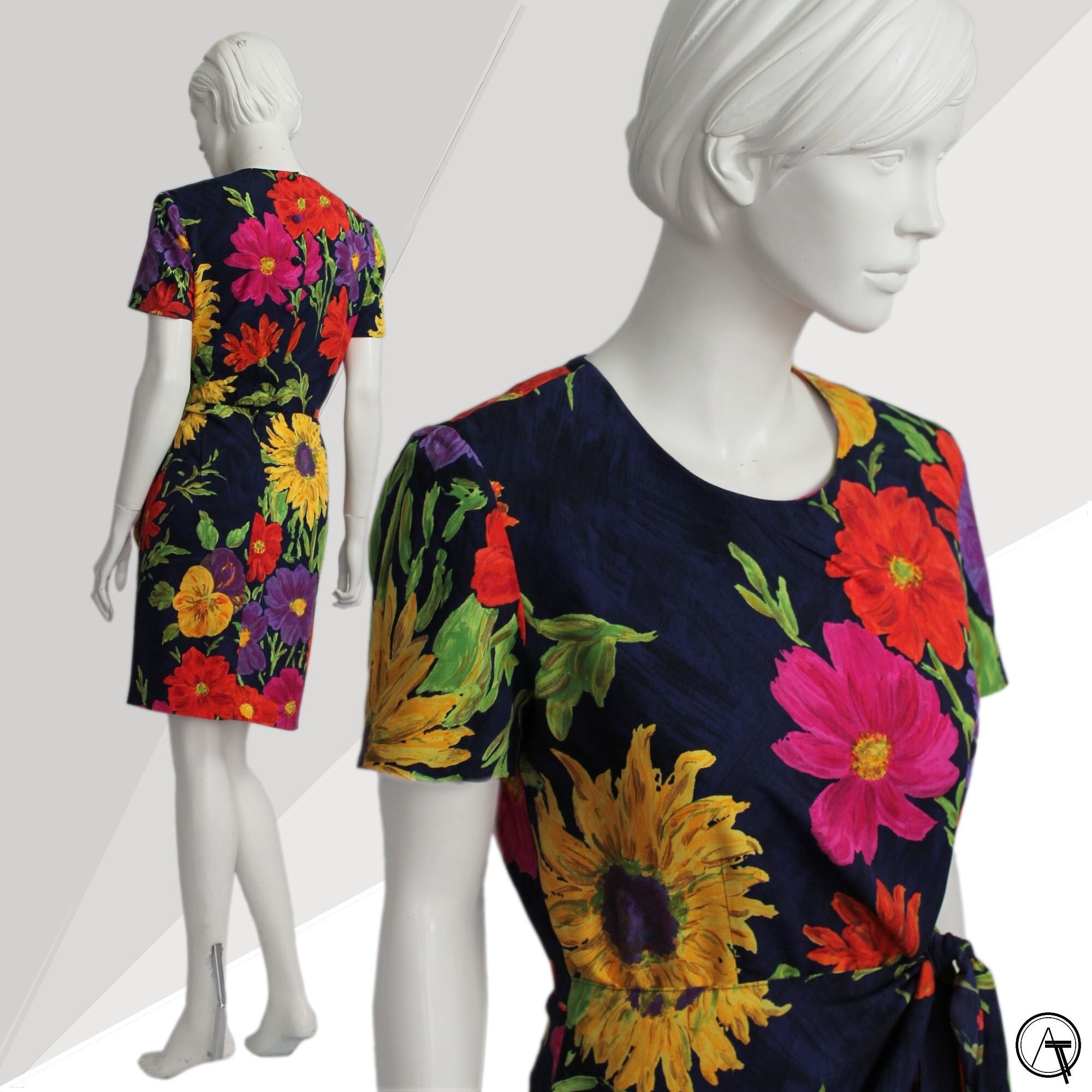 Bold Colourful Floral Print Shift Dress, Tie Front, 1980s