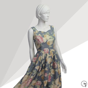 Vestido vintage de lino y algodón, tonos pastel apagados, estilo Sportalm, vestido austriaco, boda de verano, rosa inglesa, estampado de rosas, vestido de verano, amarillo, rosa y azul.