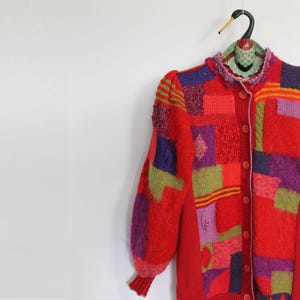 Red Patchwork Austrian Mohair Cardigan: Handmade Vintage Wool Knit