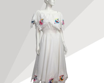 Vintage White Mexican Dress: Otomi Embroidery, Handkerchief Hem