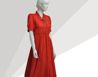 1970s Vintage Miss Onward Red & Gold Polka Dot Pleated Holiday Day Dress