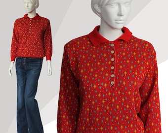 80s Red Knit Jumper: Vintage Preppy Collared Sweater