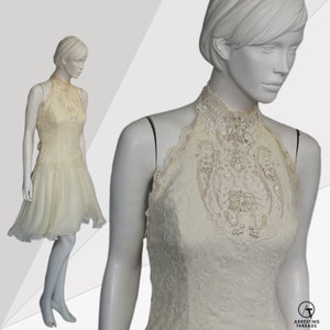 Vintage Jessica McClintock Dress: Beaded Lace Halterneck Wedding Dress