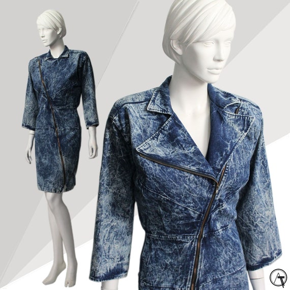 Striking Blue Acid Wash Denim Dress, 80s Vintage,… - image 1