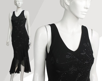 90er Jahre Schwarzes Meerjungfrau-Kleid: YVE Gothic Glitzer-Blumen-Kleid