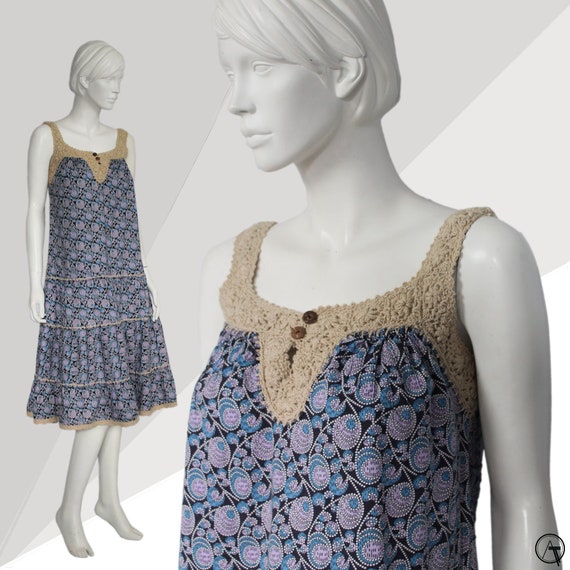 70s Cotton Tent Dress, 70s Cotton Crochet Dress, … - image 1