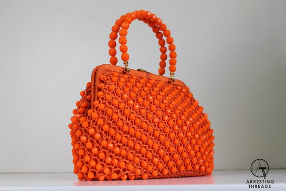 1960s Vibrant Orange Crochet and Beaded Bag, Orang