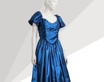Vintage 1980s Electric Blue Metallic Evening Dress UK 12, Jem and the Holograms Style, Puff Sleeve Prom Dress