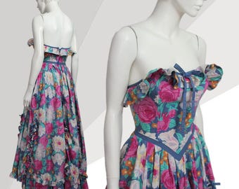 Vintage Laura Ashley Floral Dress: 1980s Strapless Ruffle Gown, XS