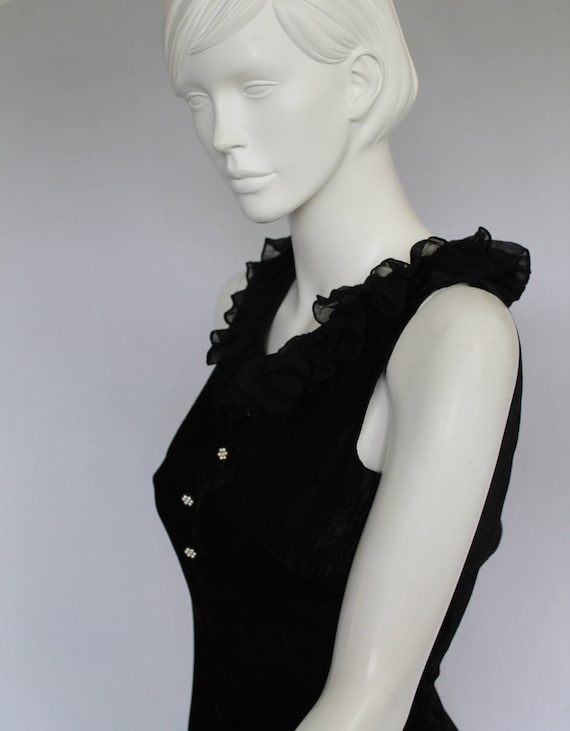 Black 60s SAMBO Dress, Velvet Black Chiffon Frill… - image 6