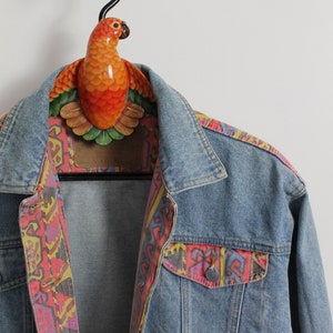 Women 80s Vintage Denim Jacket, Aztec Trim, New Wave 80s, Ikat Pattern, Mid Blue, Coloured Denim Jacket, Retro 1980s Fashion, image 4