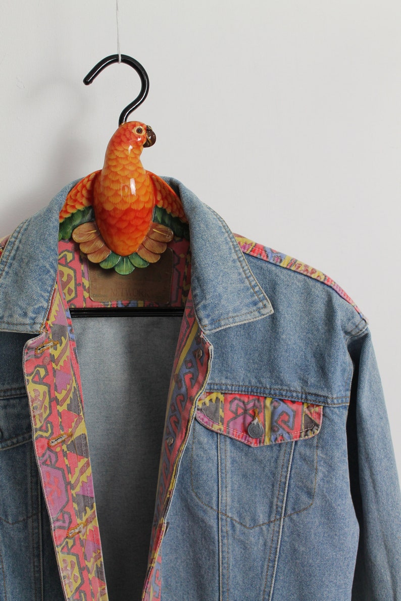 Women 80s Vintage Denim Jacket, Aztec Trim, New Wave 80s, Ikat Pattern, Mid Blue, Coloured Denim Jacket, Retro 1980s Fashion, image 4