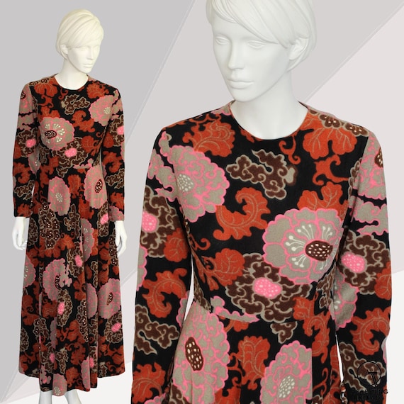 60s Flower Power Long Dress, Brown Pink 60s Vintag