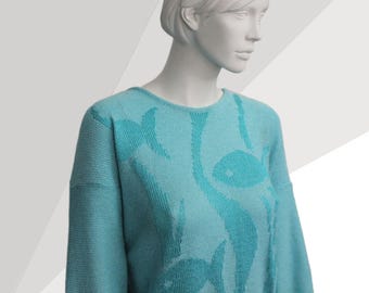 80s Fish Knit Jumper: Madame Angelo Italy, Turquoise Sweater