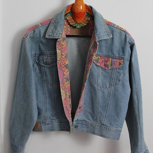 Women 80s Vintage Denim Jacket, Aztec Trim, New Wave 80s, Ikat Pattern, Mid Blue, Coloured Denim Jacket, Retro 1980s Fashion, image 7