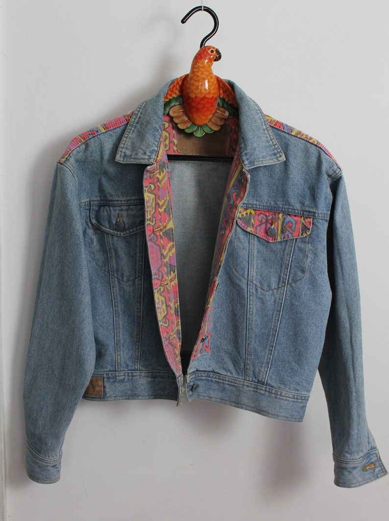 Women 80s Vintage Denim Jacket, Aztec Trim, New Wave 80s, Ikat Pattern, Mid Blue, Coloured Denim Jacket, Retro 1980s Fashion, image 7