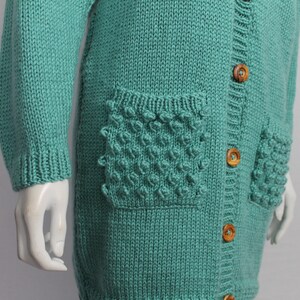 Mint Green Wool Handknitted Cardigan, Bobble Detail Cardigan, Long Cardigan, Vintage Green Knit, Light Green, Pastel, Spring, image 5