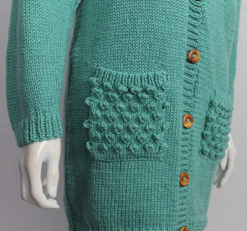 Mint Green Wool Handknitted Cardigan, Bobble Detail Cardigan, Long Cardigan, Vintage Green Knit, Light Green, Pastel, Spring, image 5