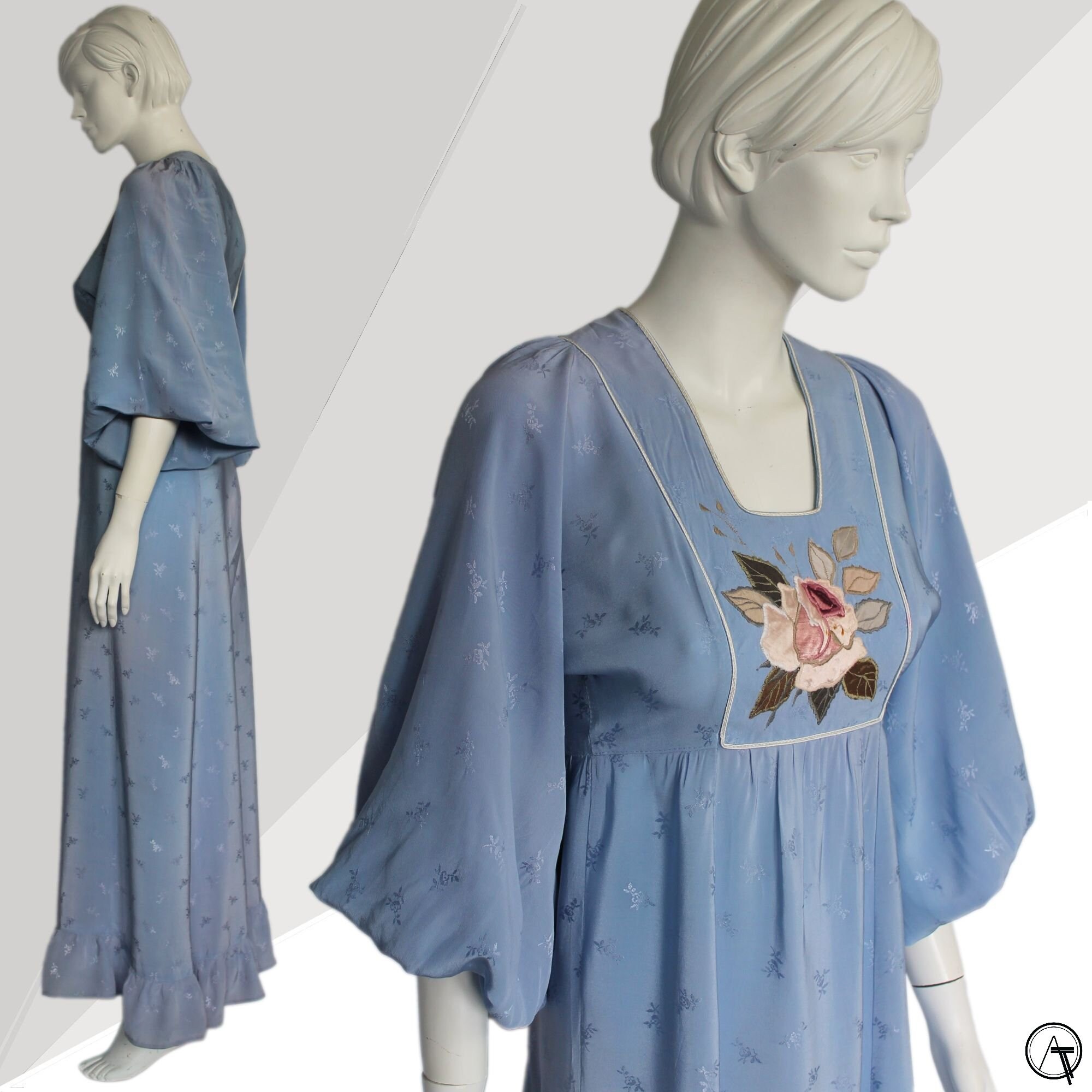 Large 1950s Blue Rose Bouquet Summer Day Dress  Cap Sleeve Novelty Print