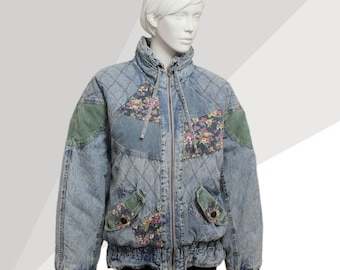 Vintage Weathered Blues Patchwork Jeansjacke - UK 4, 80er / 90er Jahre Steppmantel