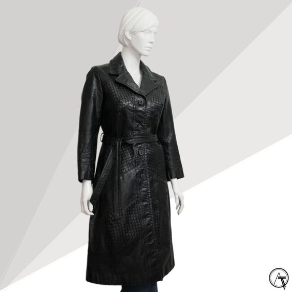 ジャケット・アウター vintage leather trench coat Vintage Leather Trench Coat UK 6 8 – Black Woven Leather Belted