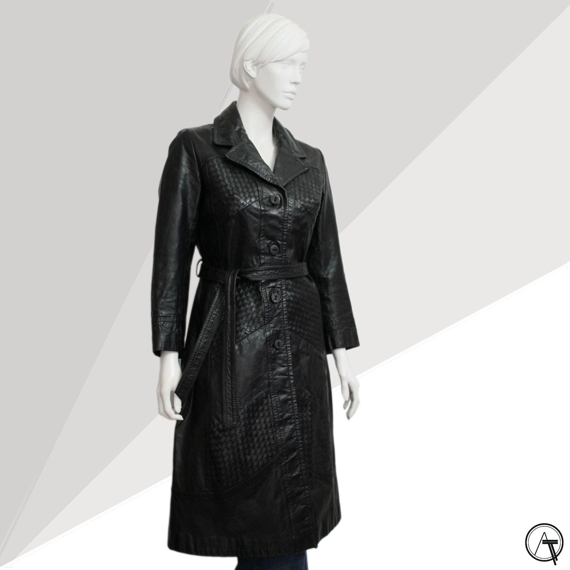 ジャケット・アウター vintage leather trench coat Vintage Leather Trench Coat UK 6 8 – Black Woven Leather Belted