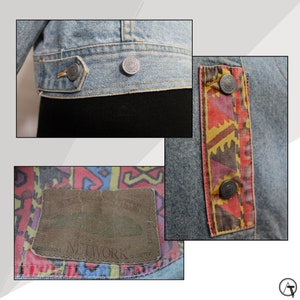 Women 80s Vintage Denim Jacket, Aztec Trim, New Wave 80s, Ikat Pattern, Mid Blue, Coloured Denim Jacket, Retro 1980s Fashion, image 3